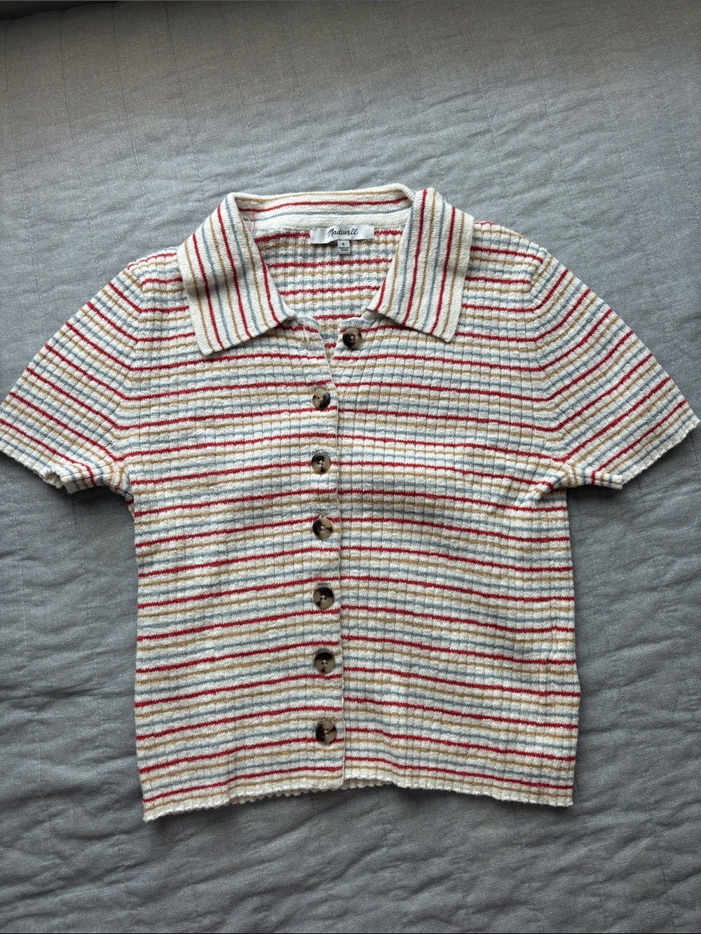Madewell Cream Ribbed Short-Sleeve Button‑Down with Red & Green Stripes